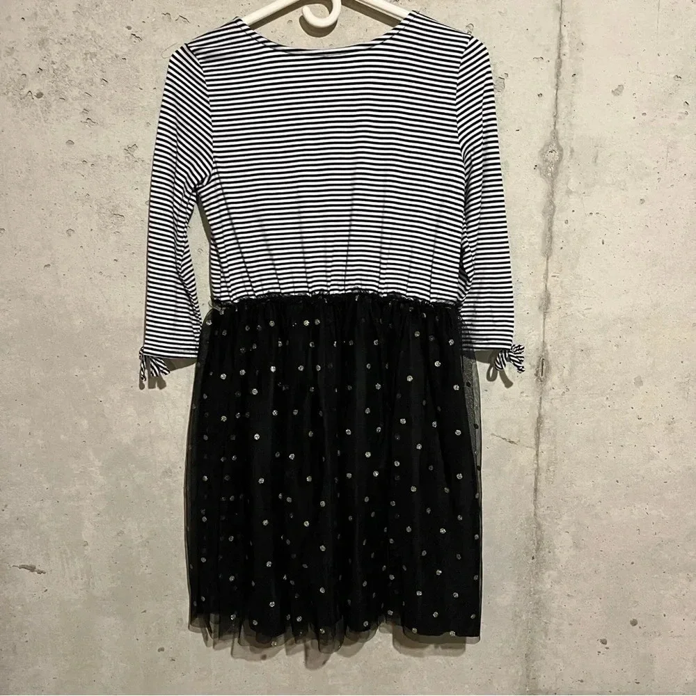 Justice Girls Dress Sz 18 Black White Stripes Tulle Gold Polka Dots Rocker Chic